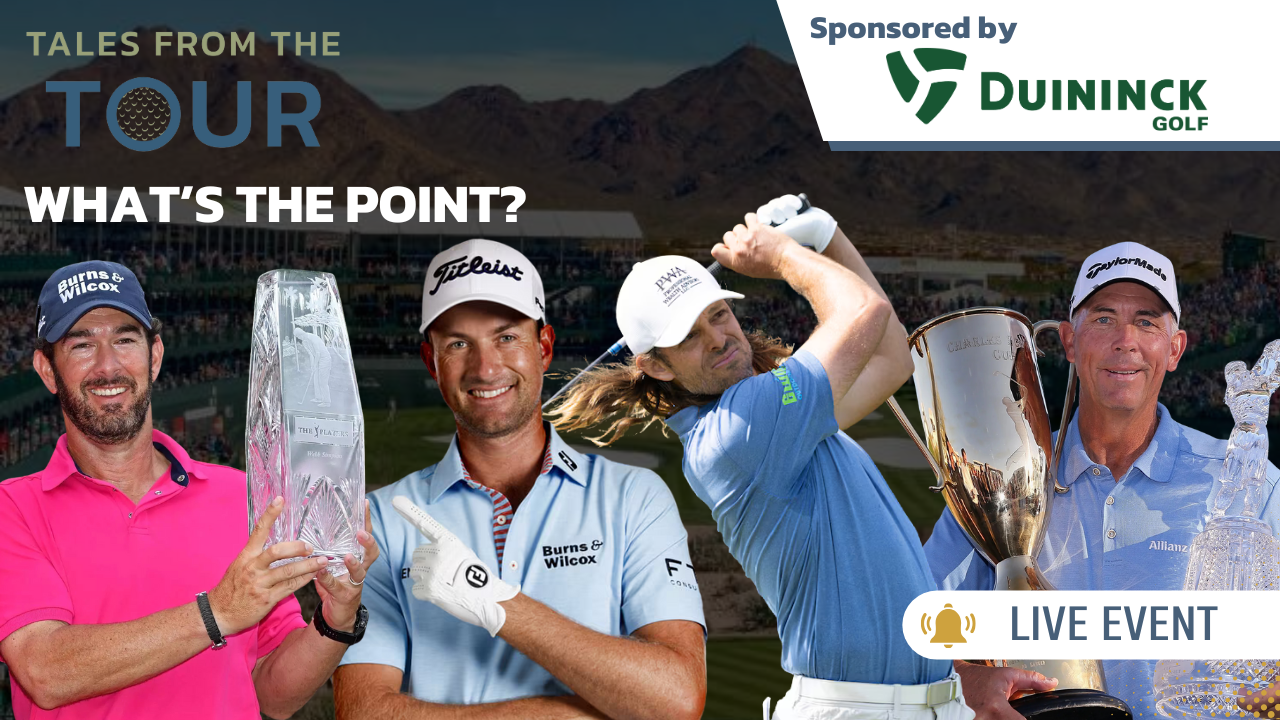 tales from the tour speakers. paul tesori with webb simpson holding a trophy. aaron baddeley and tom lehman